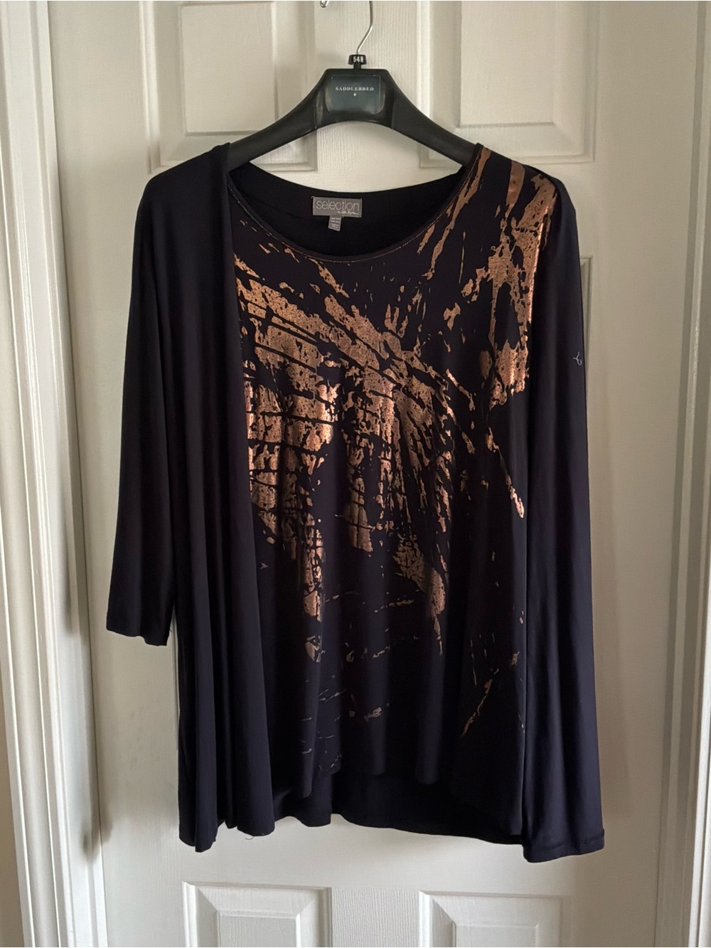 Ulla Popken Black Long Sleeve Top with Metallic Bronze Splash
